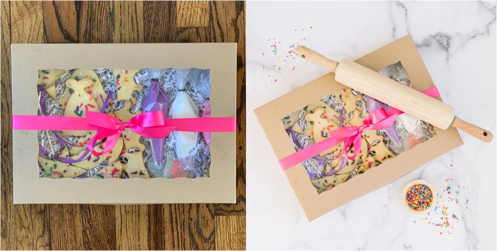 box of cookies with sprinkles and rolling pin during photoshoot