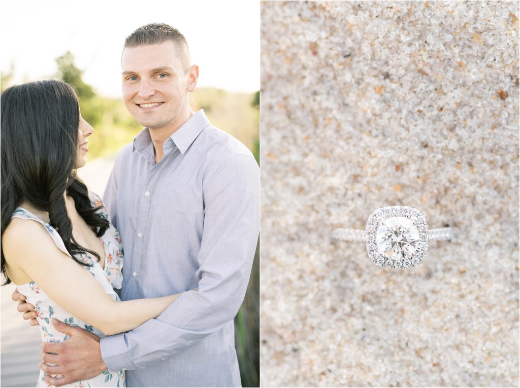 engagement ring  in the sand at the beach Couple smiling
